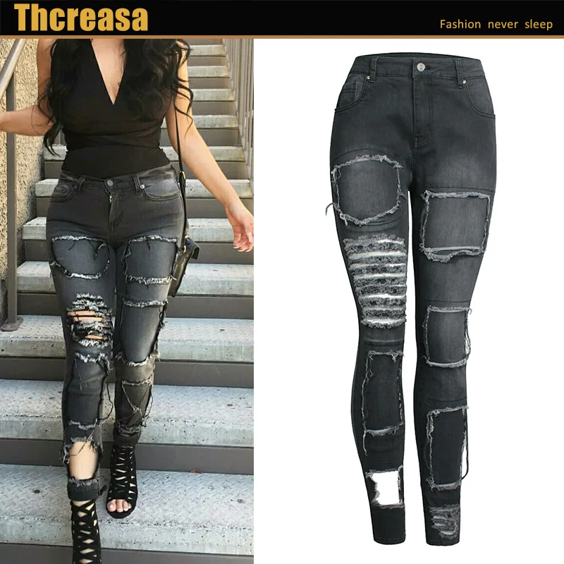 Hot Sale Women Jeans Elastic Slim Pants with Holes