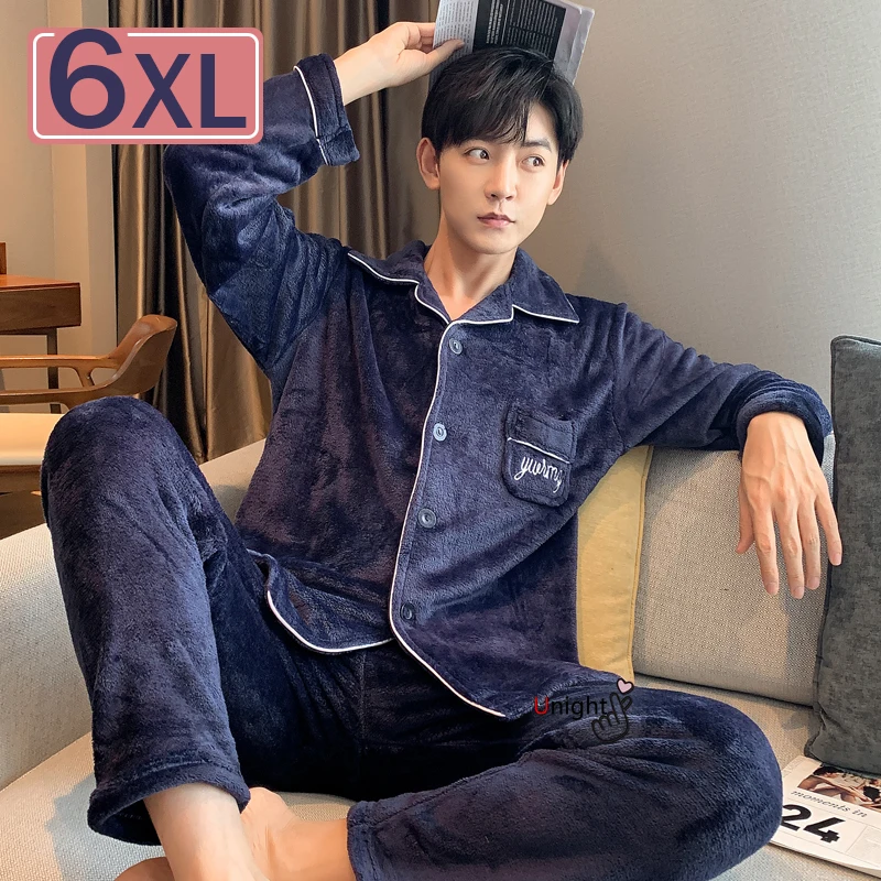 

5xl 6x Plus Size Men Winter Flannal Pajamas for Grandpa Warm Trousers Men Set Coral Fleece Furry Pyjamas Home Suit for Dad 120kg