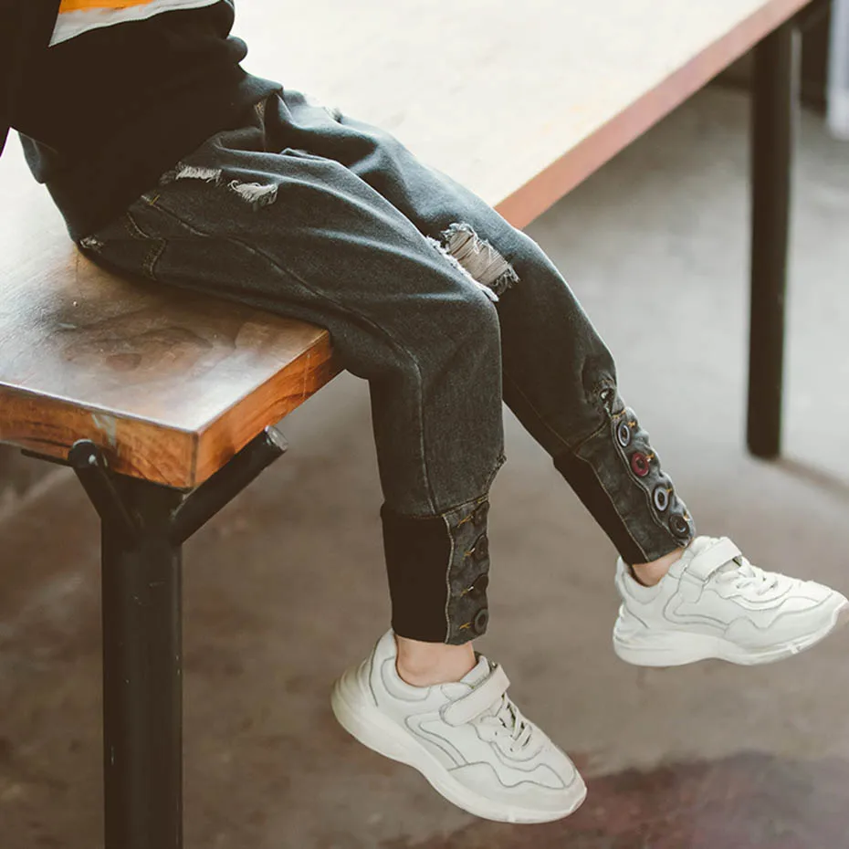 Jeans Girl Fashion Hole For Girls Single-Breasted Patchwork Kids Autumn Novelty Children's Pants |