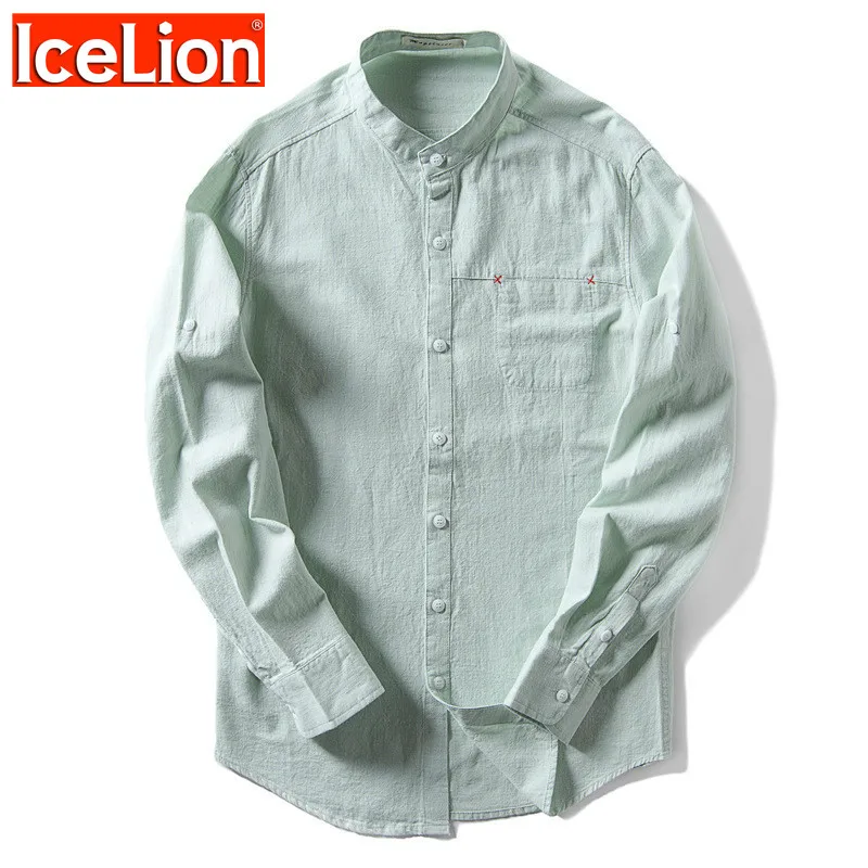 Льняная рубашка с воротником-стойкой длинным рукавом | Мужская одежда