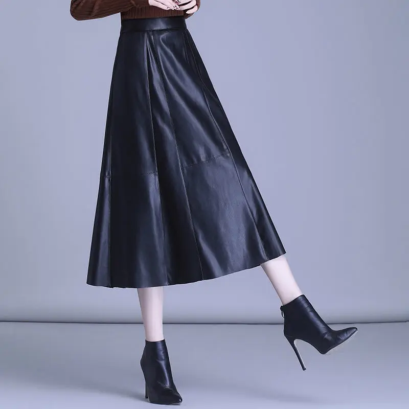 Genuine Leather Skirt Women's Fall Winter High Waist Pleated Mid-Long Skirts Womens Black Harajuku Plus Size S-5XL | Женская одежда