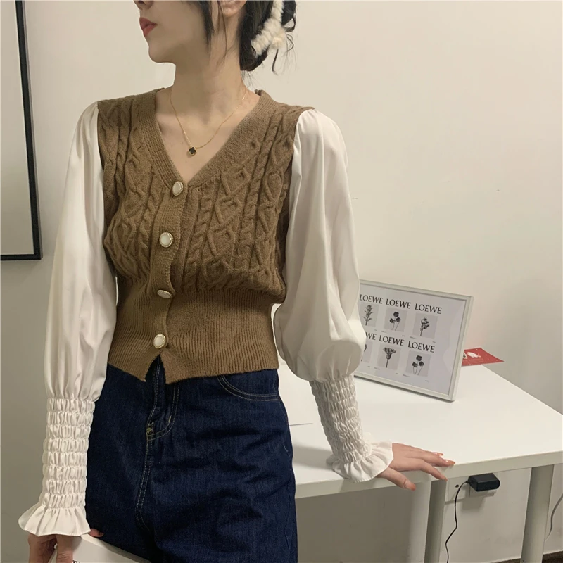 

OOLMM Spring New Korean Style V-Neck Long-Sleeved Stitching Women's Sweater Temperament Slim Short Top