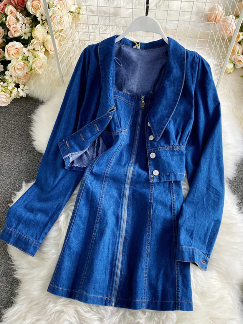 

2021 New Arriver Women Spring Autumn Winter Fashion Long Sleeve Denim Coat + Suspender Jeans Dress Two Piece Suit Casual Work OL