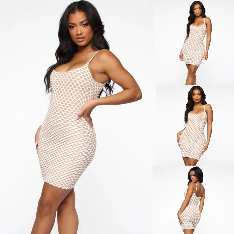 

Women Summer Sexy Spaghetti Strap Bodycon Mini Dress Double Layer Hollow Mesh Net Stitching High Waist Nude Nightclub Streetwear