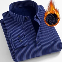 2019 winter mens business casual long sleeved shirt warm velvet thickenin classic striped male social dress shirts purple blue