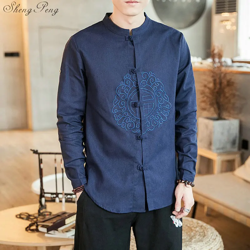 Мужская хлопковая льняная рубашка традиционный китайский топ белого цвета с