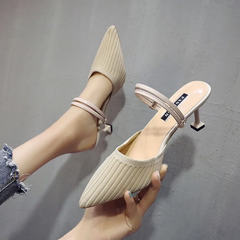 Мюли женские летние без задника туфли лодочки заостренный носок низкий каблук