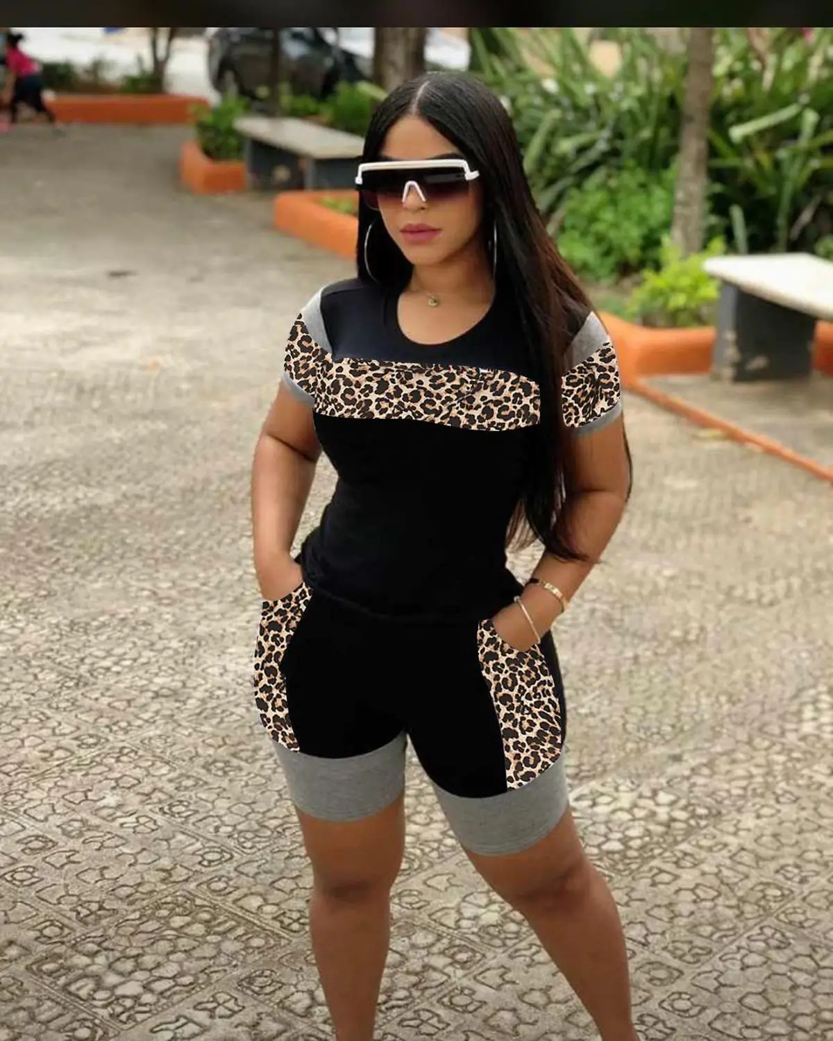 

Leopard Print Causal two piece set biker shorts set T Shirt and Bodycon Biker Shorts tracksuit women summer short set Clothing