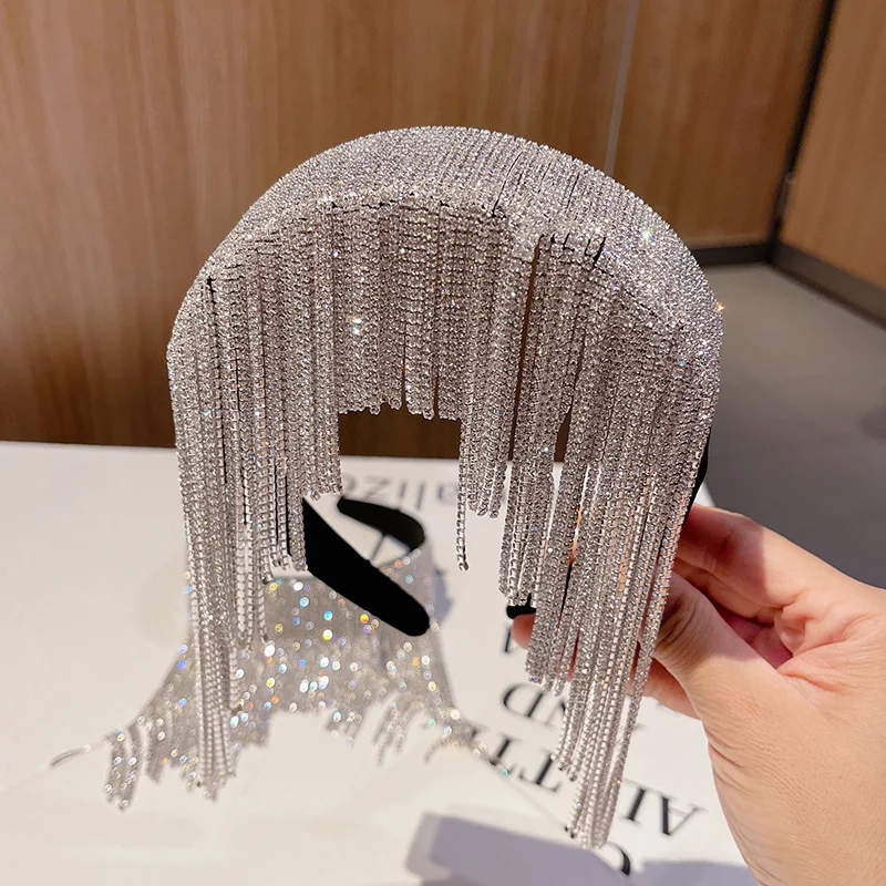 

European Long Fringe RHinestone Hairband Bling Silver Crystal Tassel Headband Women Party Show Women Hair Jewelry Accessories