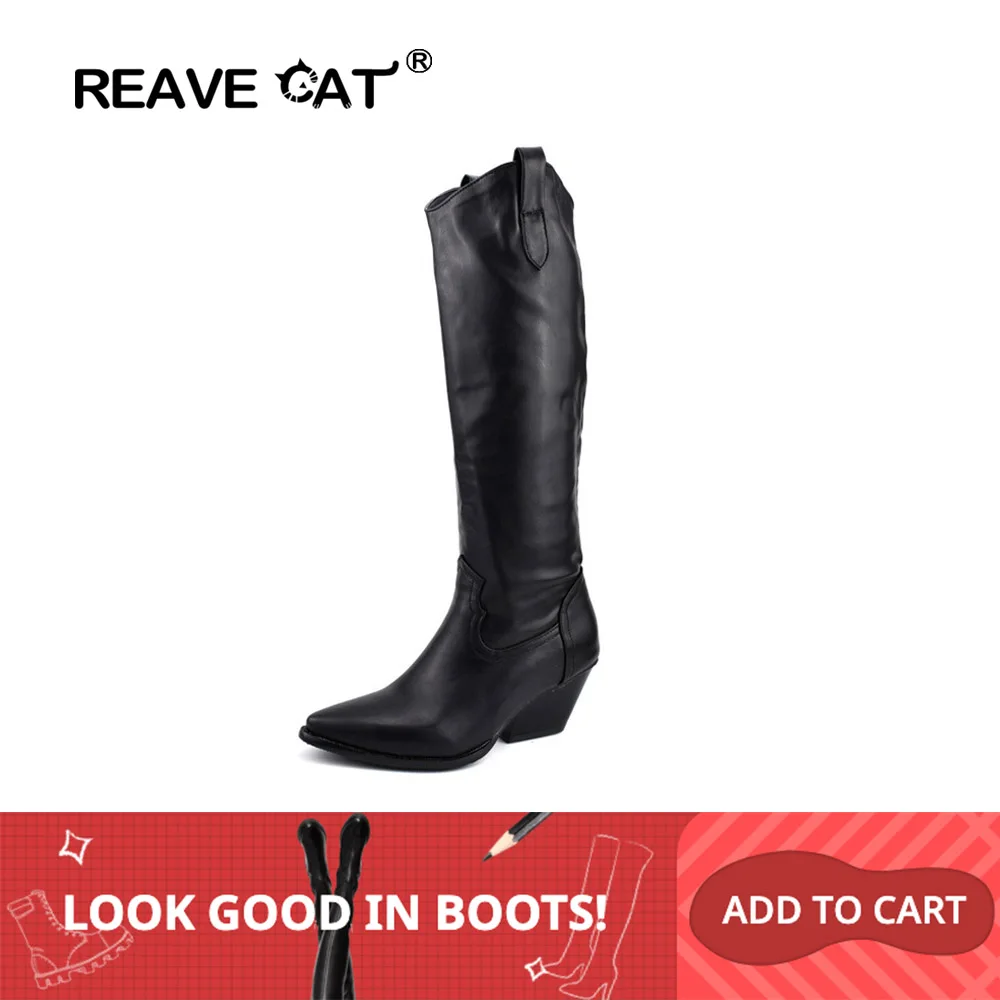 Женские кожаные сапоги до колена REAVE CAT черные и белые на танкетке без застежки в