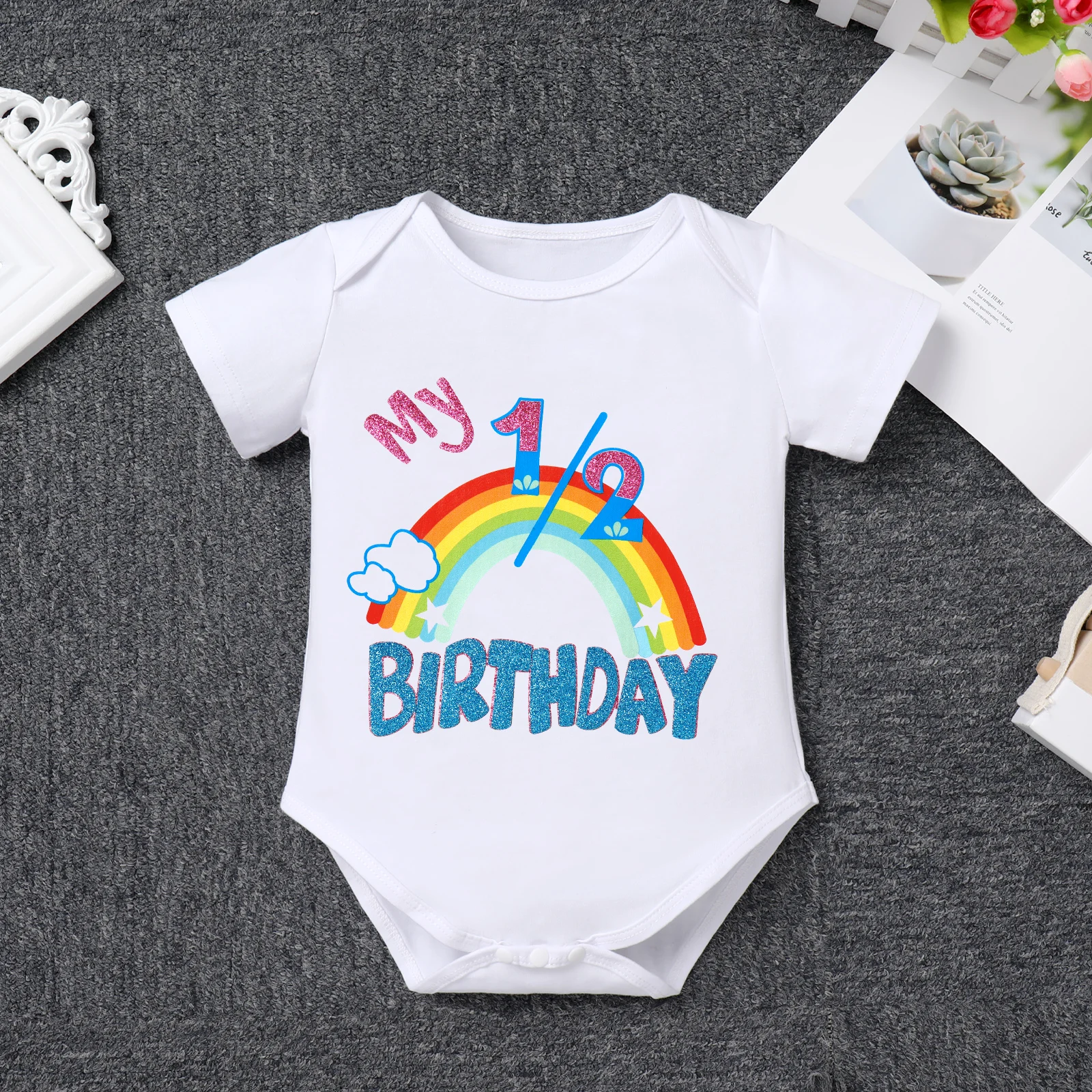 6-24M Baby Girls Romper Birthday Party Glittery Letters Rainbow Printed Romper With Headband Newborn Infantil Tutu 2pcs Outfit