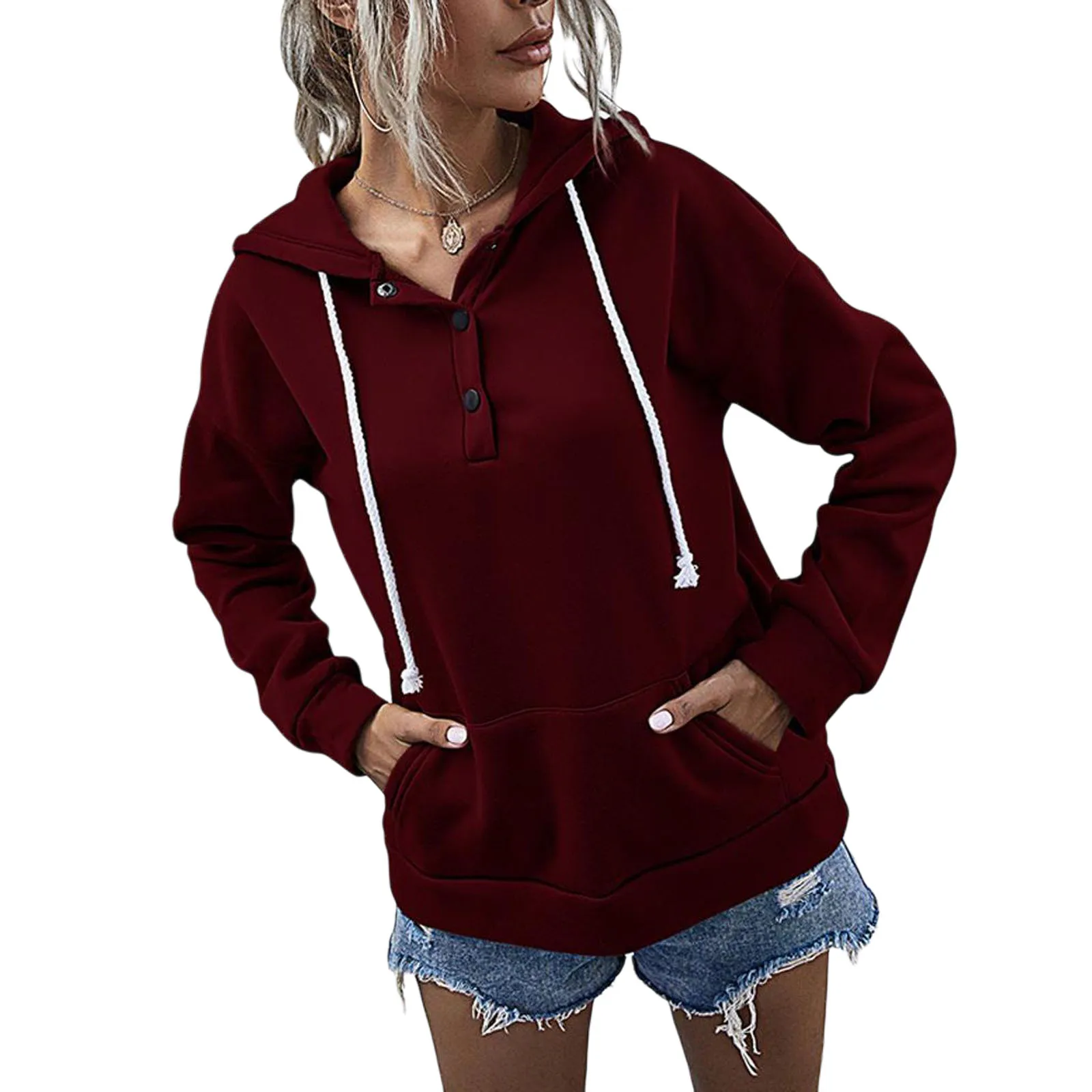 

Pius Size Women Solid Button Hooded Sweatshirts Long Sleeve Pocket Autumn Spring Pullover Female Fashion Casual Sweatshirts 2020
