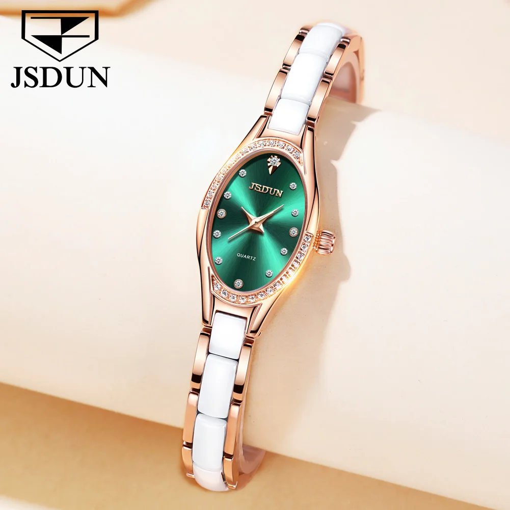 JSDUN 2021 New Fashion And Elegant Ladies Mechanical Watch Ceramic Shiny Diamond Mini Stainless Steel Watch Reloj Mujer 8842