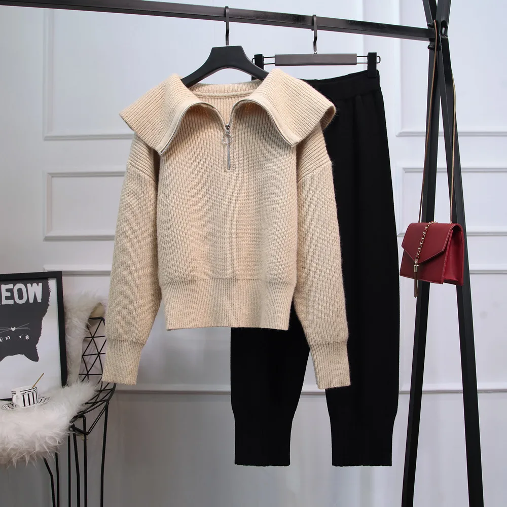 

Модный теплый свитер на молнии с высоким воротником и брюки-султанки, женские вязаные комплекты 2021, осенне-зимняя Свободная трикотажная оде...