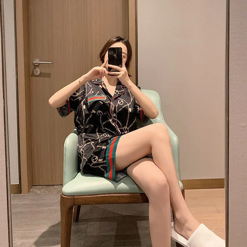 

Summer Ice Silk Pajamas Set Chain Printed Homeclothes For Women Casual Payjamas Nightwear Ladies Chic Sleepwear