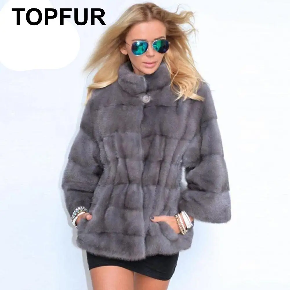 Женская короткая шуба TOPFUR плотная теплая из натурального меха норки серого цвета
