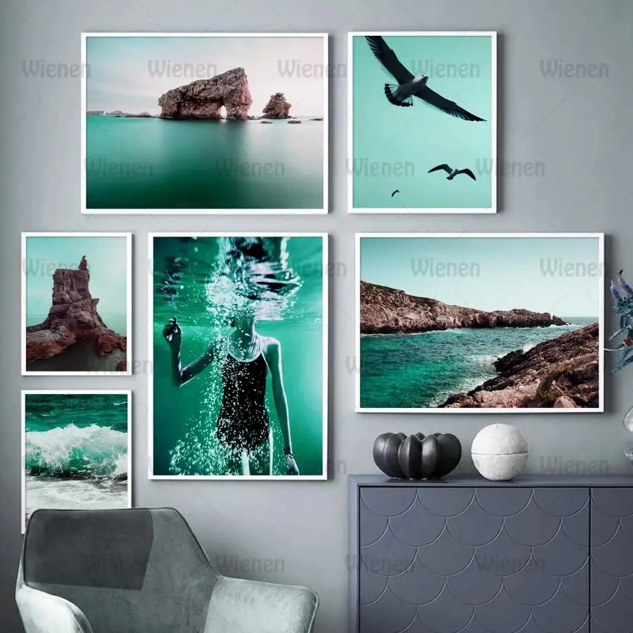 

Wall Art Canvas Painting Swimming Girl Reef Bay Seabird Nordic Art Canvas Posters and Prints Wall Pictures for Living Room Decor