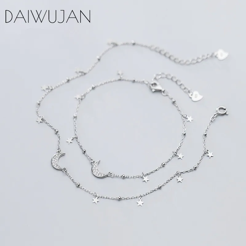 

Подвеска DAIWUJAN из настоящего серебра 925 пробы с цирконом Луной и звездами, браслет на ногу из искусственных бусин для женщин