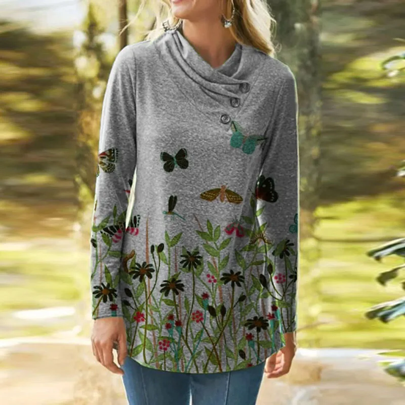 

Vintage Women Long Sleeve Pullover Solid Shirt 2021 Autumn Buttons O-Neck Lady Tops Casual Loose Blusas Streetwear Plus Size 5XL