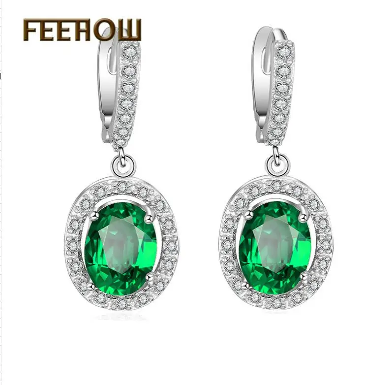 Женские сережки подвески FEEHOW белые в овальной форме с микро инкрустацией и