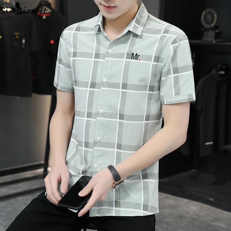Men's Summer Slim Lapel Plaid Short Sleeve Shirt Men Cotton Soft Trend Trendy Casual Mens Teen Style | Мужская одежда