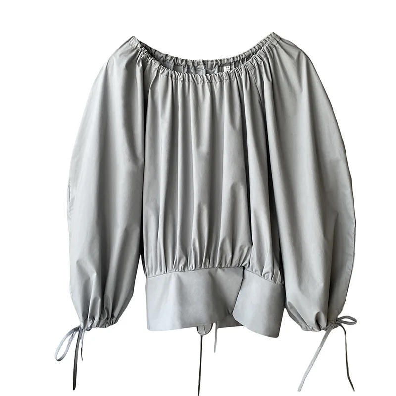 

Mooirue 2021 Spring Casual Women Shirts Lace Up Solid Color Round Neck Washed Cotton Lantern Sleeve Top