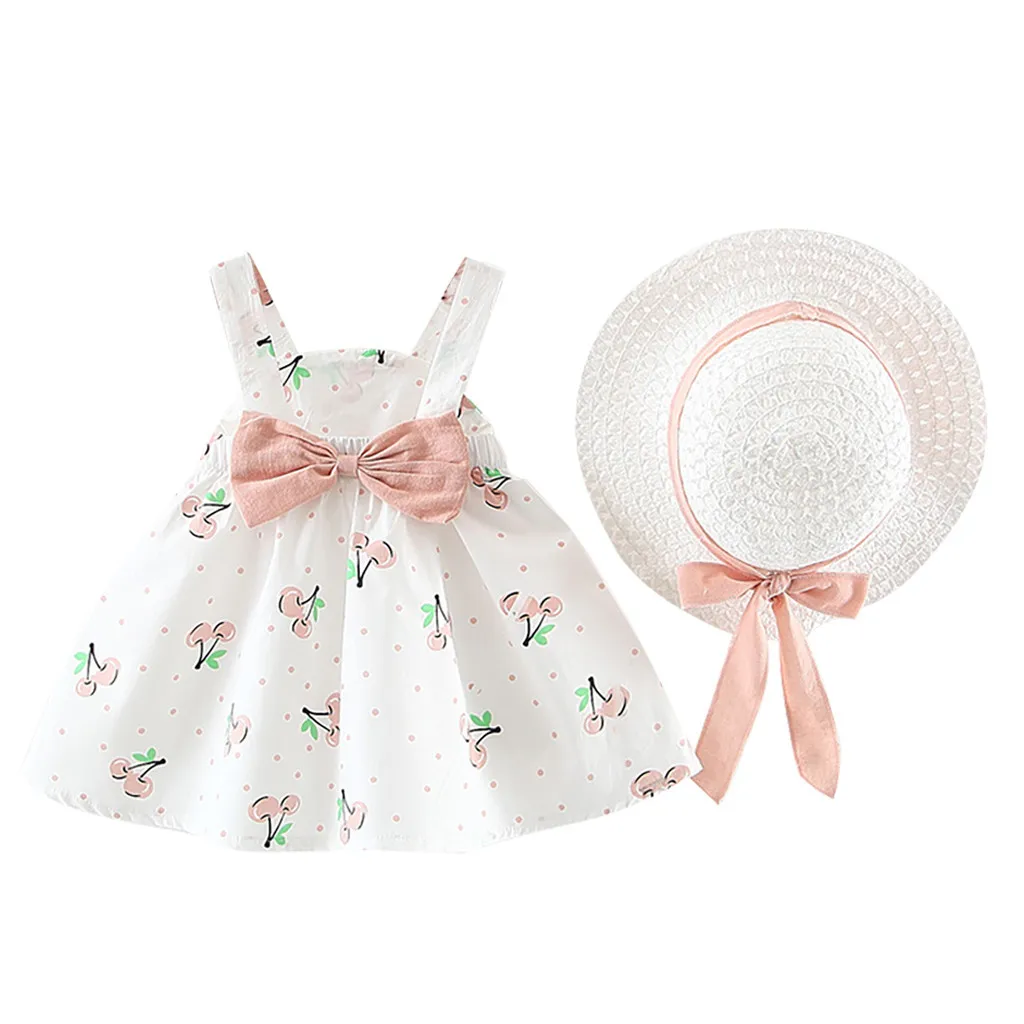 Newborn Baby Kids Girls Clothes Sleeveless Cherry Dot Print Dresses With Bow Hat Outfits Summer Party Clothing for Dress | Детская