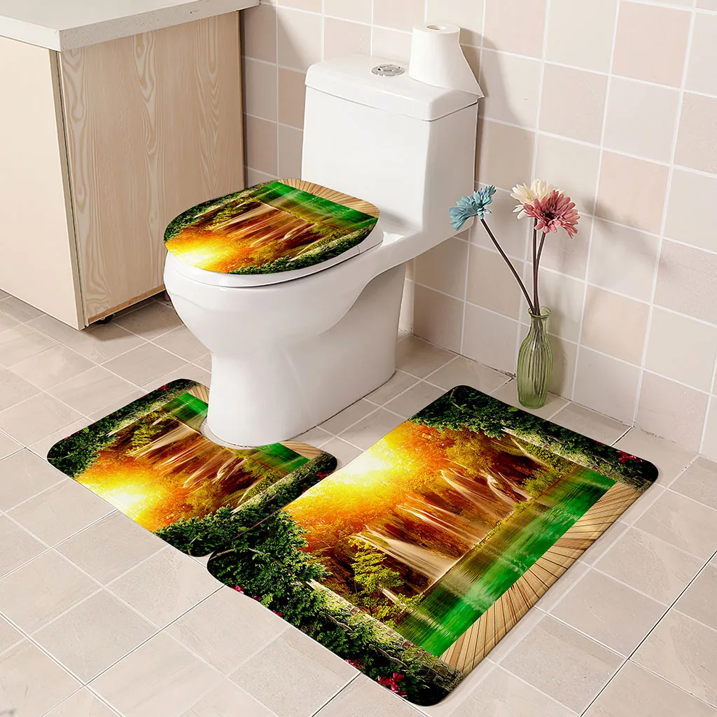 

3D Bathroom Accessories Natural Forest Scenery Waterproof Fabric Shower Curtain Cover Anti Slip Carpet Bathroom Cover Bath Mat