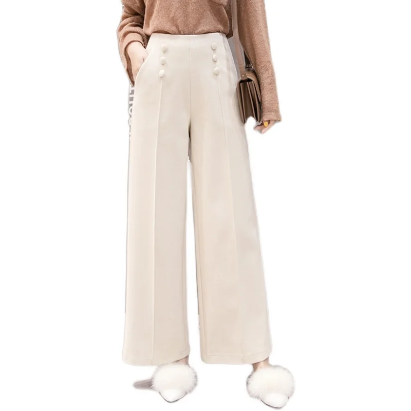 

New Elegant Fashion Women Spring Autumn Woolen Wide Leg Pants Straight Pants Loose Casual Pants Draping High Waist Pants