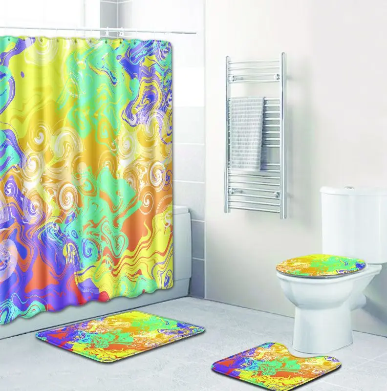 

Zeegle Colorful Bath Mat Set with Waterproof Shower Curtain Non-Slip Soft Floor Rug Toilet Seat Cover Mat Toilet Decoration Mat