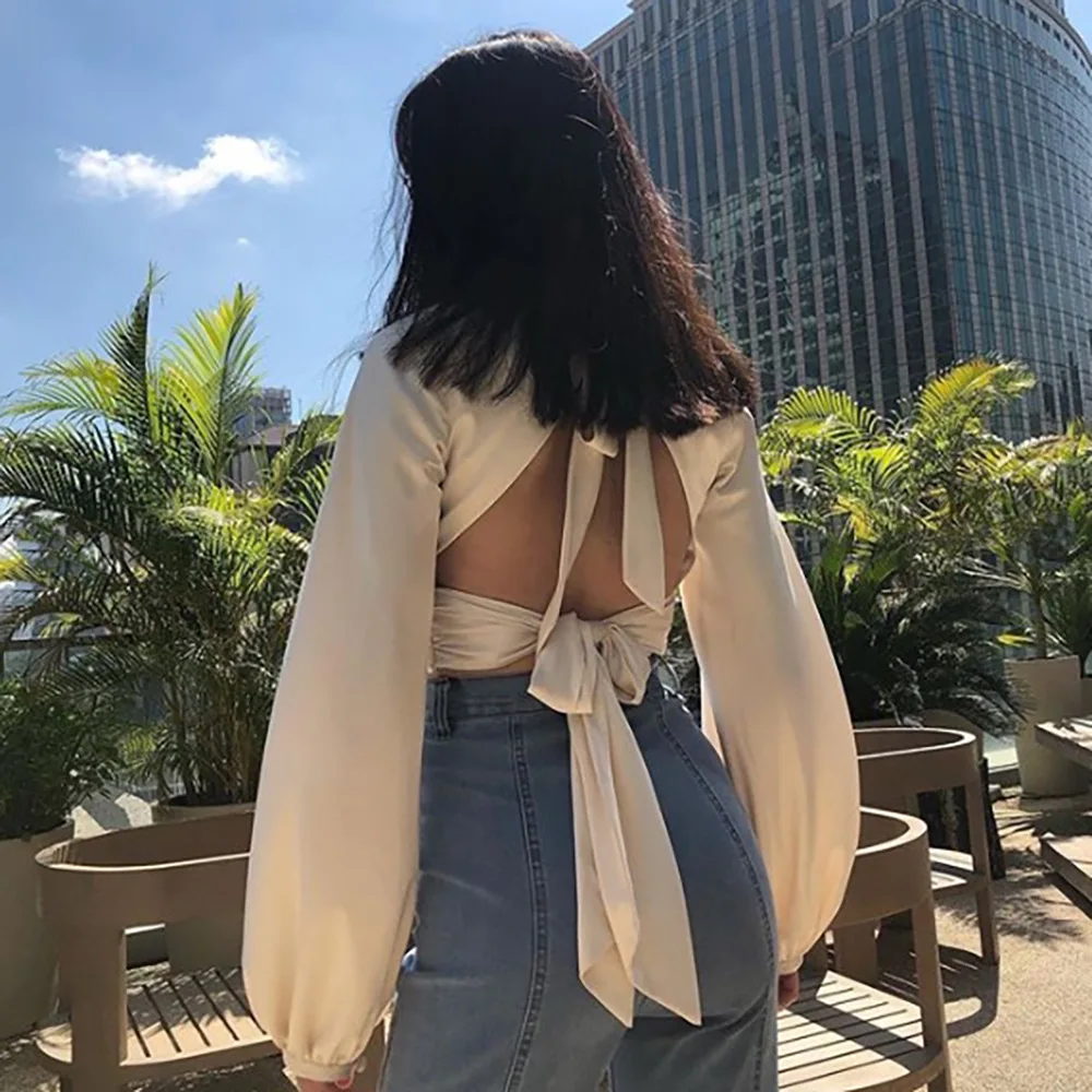 

Women's Blouse and Shirt Sexy V Neck Wrap Chest Strap Stretch Navel Crop Tops blusas mujer de moda 2021 Casual Slim Solid Shirts