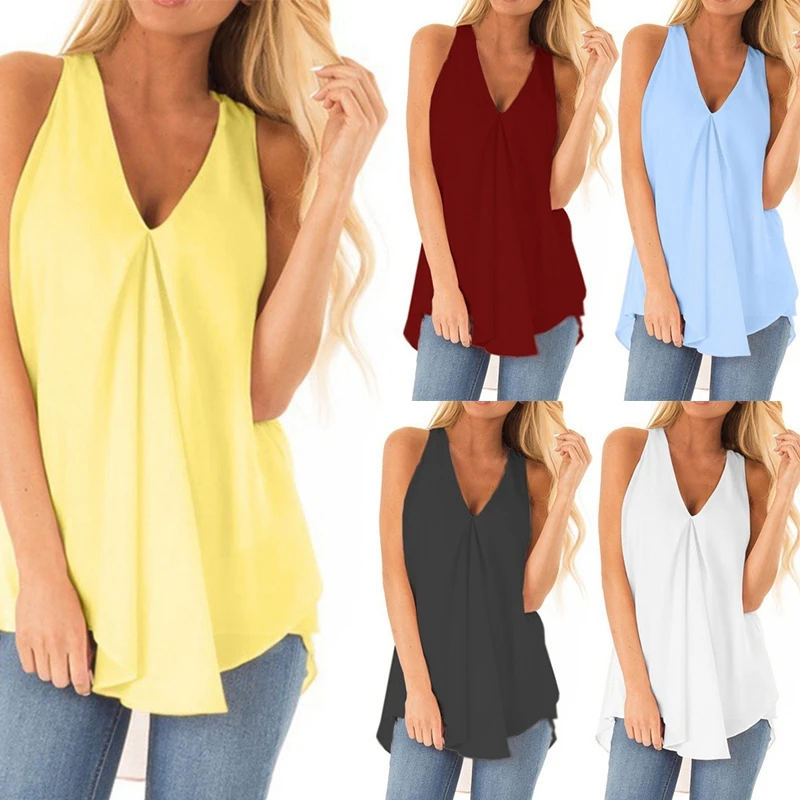 

Fashion Women V Neck Chiffon Blouses Summer Top Sleeveless Shirt Casual Tops blusas mujer de moda S-2XL plus Size