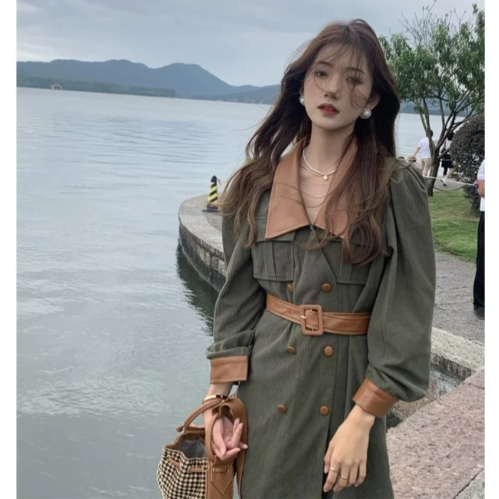 

Contrast Color Double Breasted High Waist Tailored Collar Dress Women's Fall 2021new French Retro Design Skirt Rac