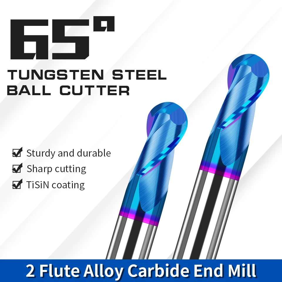 AUGT Ball Nose End Mill HRC65 1-20mm Shank 2 Flute CNC Router Bit Nano Blue Coated Carbide Milling Cutter For Metal Tools