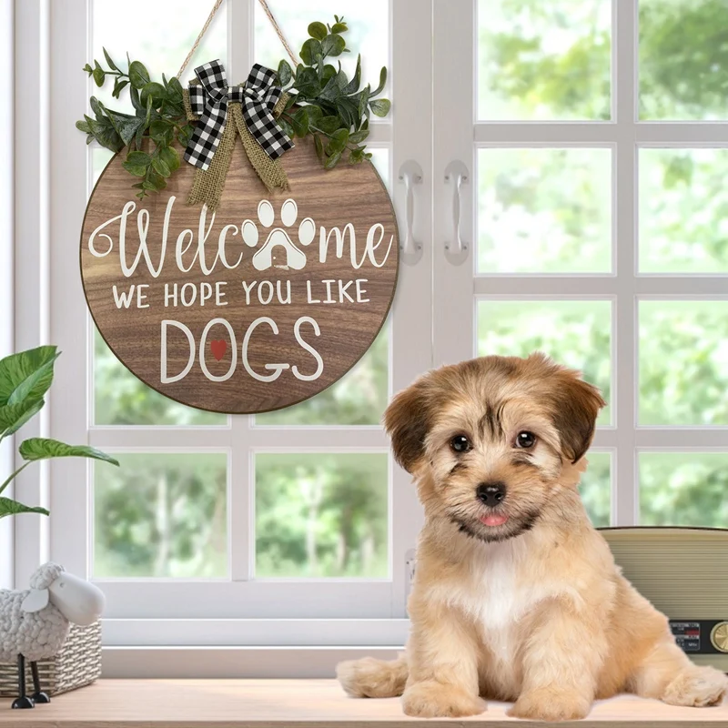 Welcome Sign Wreath Front Door Hanger With Bow We Hope You Like Dogs Round Outdoor Vertical Hanging Decor | Дом и сад
