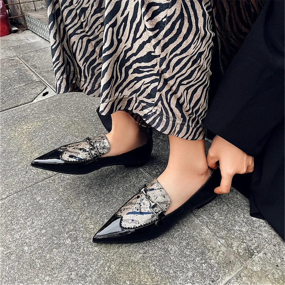 

Drestrive Women Flats Pointed Toe Genuine Leather Horsebit Knot Patent Slip On Female Casual Shoes Real Leather Black Dress