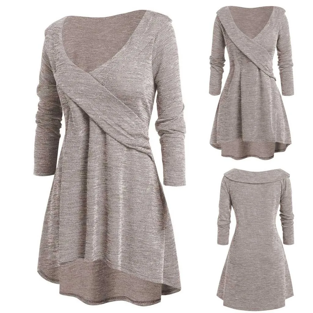 Размера плюс Длинная блузка с запахом и V-образным вырезом повседневный зимний