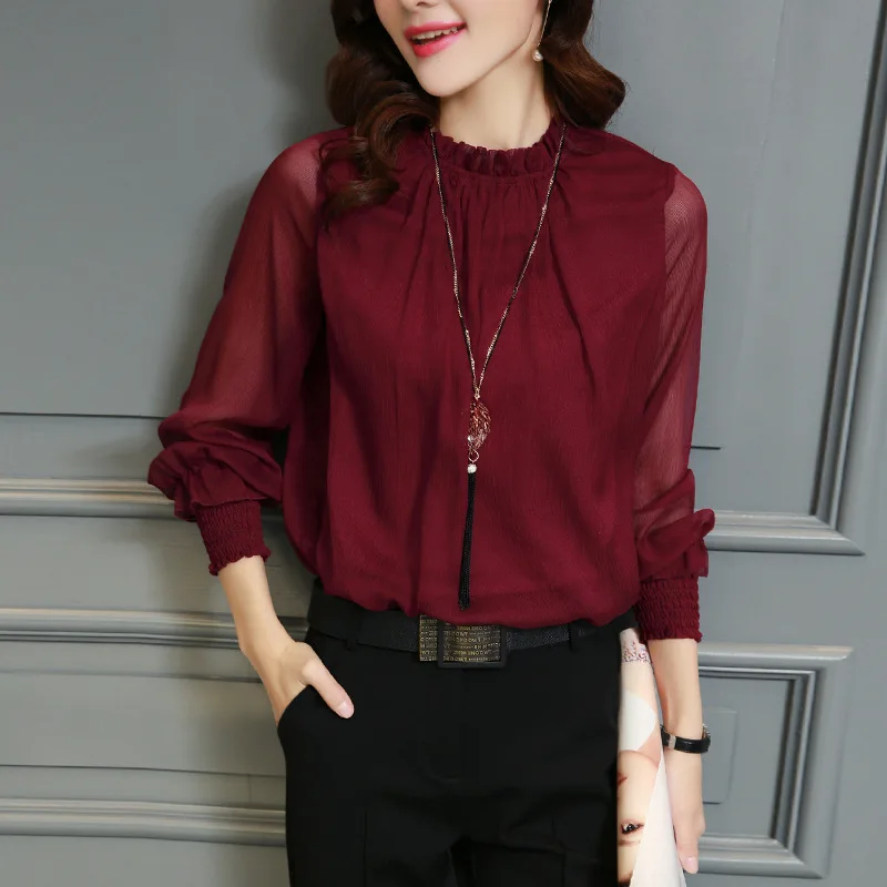 

Chiffon Blouse New Women Tops Long Sleeve Stand Neck Work Wear Shirts Elegant Lady Casual Blouses women's blusas Plus size
