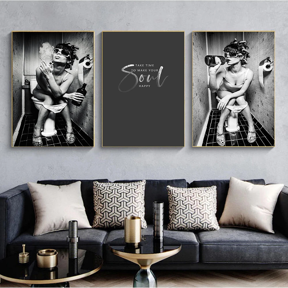 

Modern Toilet Sexy Woman Canvas Prints Bar Girl Smoking And Drinking Vintage Bathroom Picture Poster Black White Decor Painting