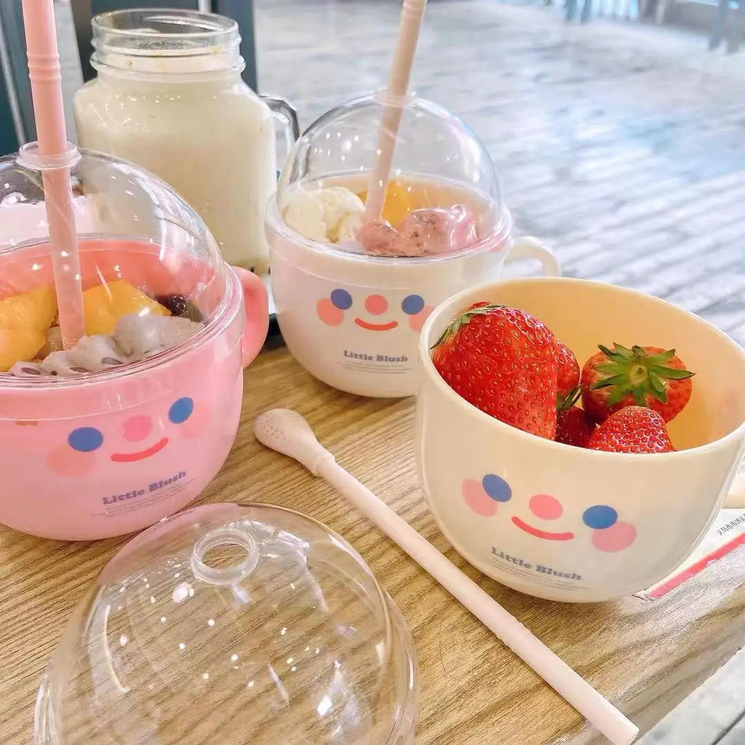 

Cute Mug Personalized Straw Spoon Plastic Ins Wind Photograph Creative Handy Breakfast Milk Shake Fruit Coffee Cup