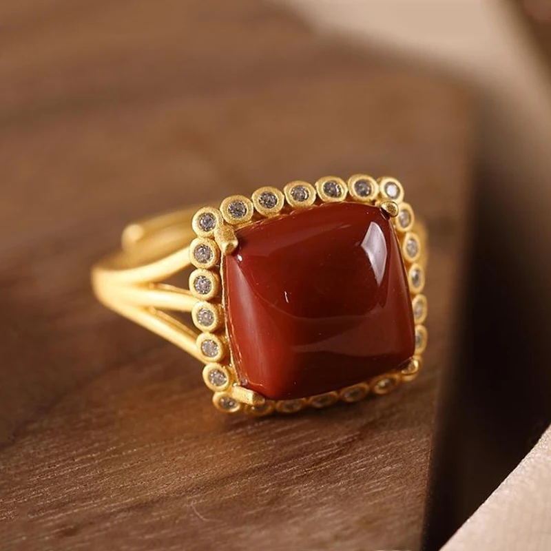 

Natural Khotan jade New Silver Inlaid Crystal Geometric Ring Chinese Retro Hollow Opening Adjustable Female Brand Jewelry