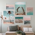 Картины с розовой пальмой и океаном, плакат в скандинавском стиле, скандинавские украшения, птица, пляж, трава, серфинг, принт, настенная живопись