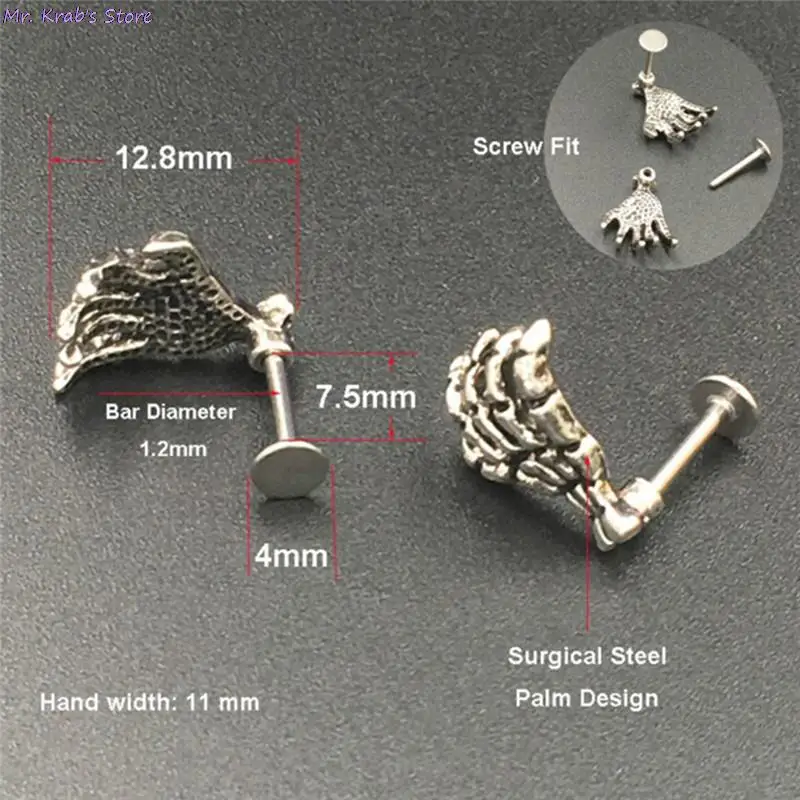 1Pc Skull Shape Body Jewelry Punk Devil Hand Kylie Lip Piercing Skeleton Labret for Women&Men | Украшения и аксессуары