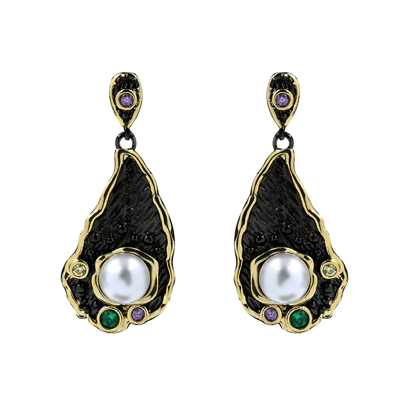

Ajojewel New Design Fashion Hanging Earrings Geometric Jewelry Shell Pearl Black Ear Drop With CZ Vintage Gift Brincos