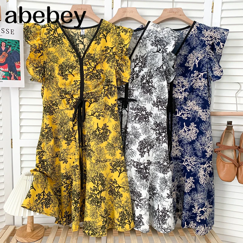 

Temperament V-neck flying sleeve Dress lace up bow ruffles patchwork high waist print A-line Dress 2021 New Summer Women