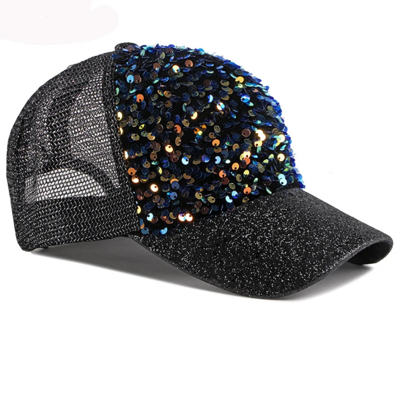 HT3153 Baseball Cap Women Sequin Baseball Hat Ladies Adjustable Snapback Trucker Mesh Cap Female Breathable Shiny Summer Sun Hat