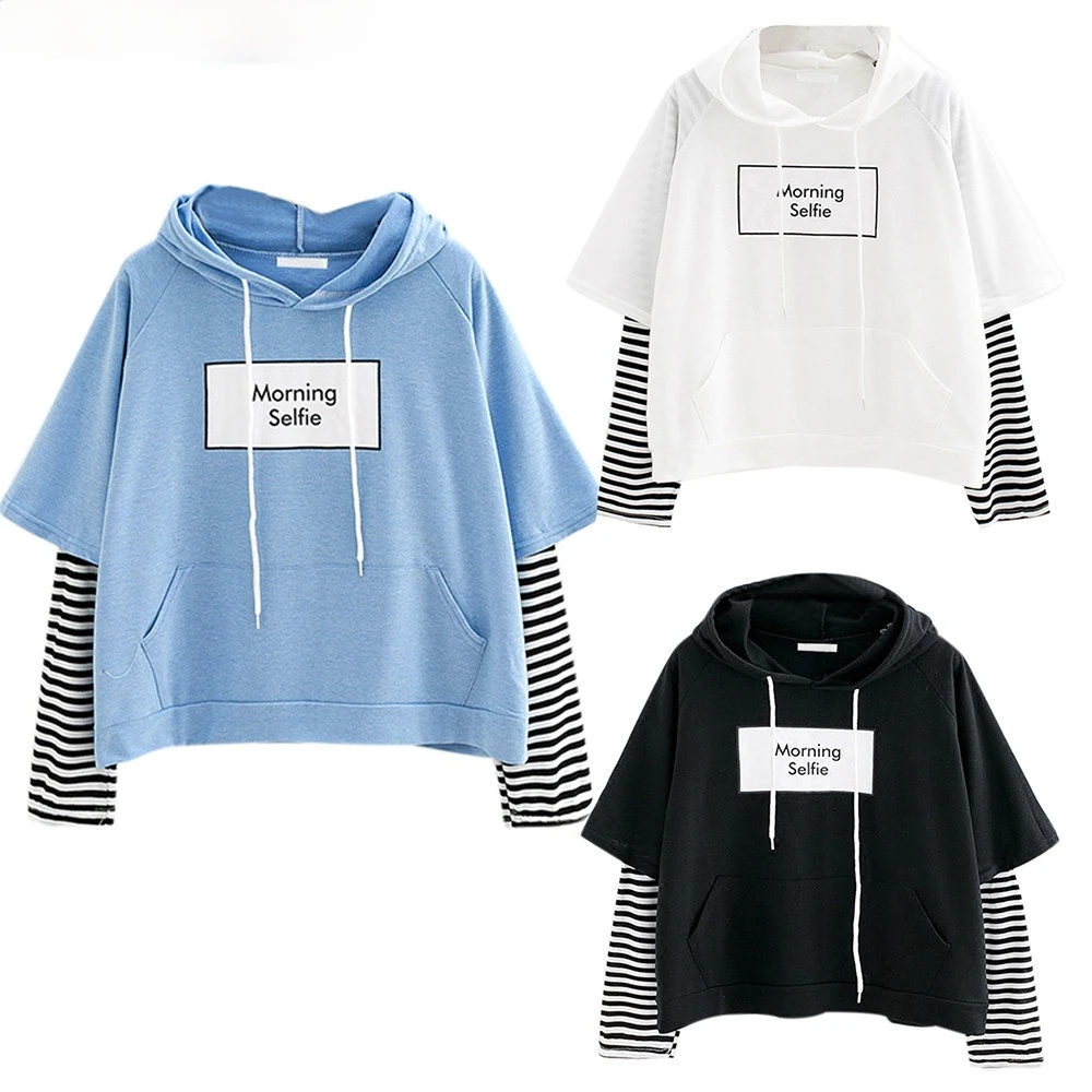 

Hoodies Women Crop Patchwork Long Sleeve Sweatshirt Jumper Hooded Pullover Harajuku Hoody Sweatshirt For Girl