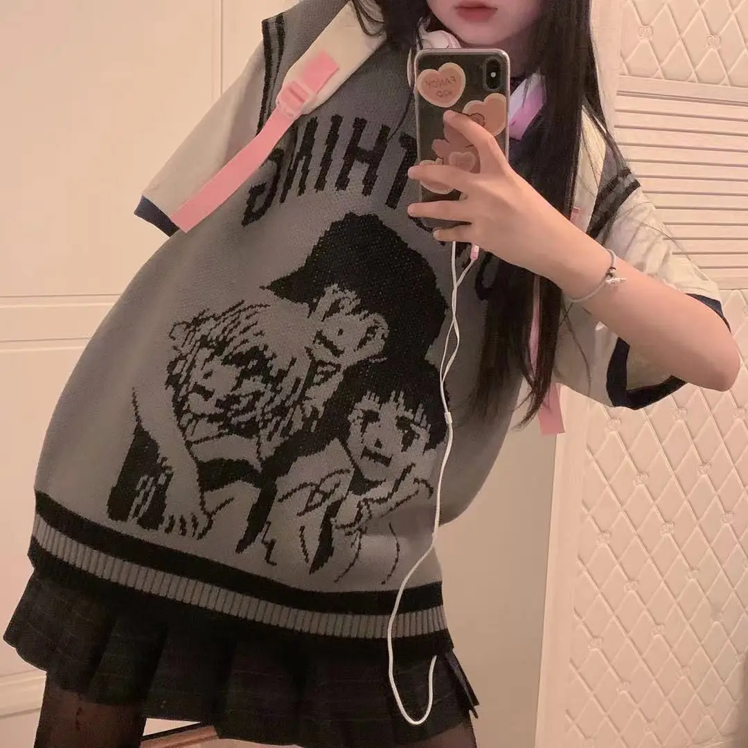 

College Knitted Vest Sweaters Men Women Street Hip Hop Casual Band Cartoons Anime O-neck Sleeveless Tops 2021 Pattern Sweaters
