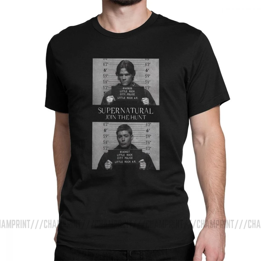 Сверхъестественная футболка Mugshot's Spn Brothers Angel Футболка мужская размера плюс одежда сумасшедшая футболка с круглым вырезом очищенный хлопок - Цвет: Черный