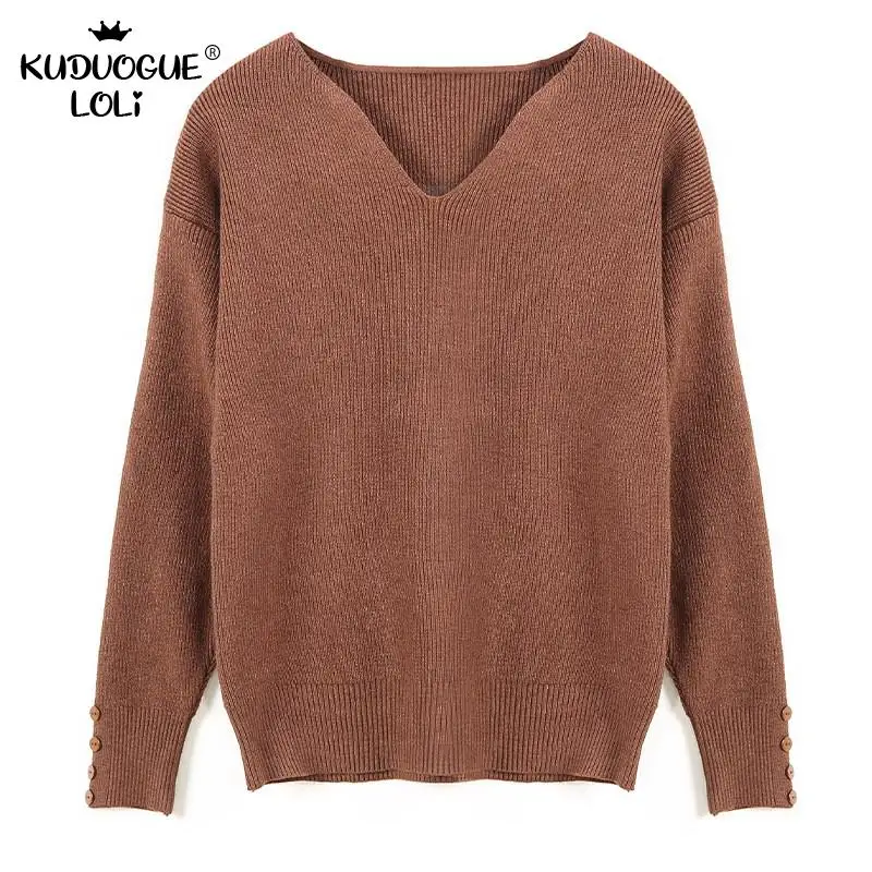 

New Korean Style Women Knit Sweater Warm V-neck Pullovers Bottoming Shirt Loose And Thin Solid Color Casual Ol Autumn And Winter